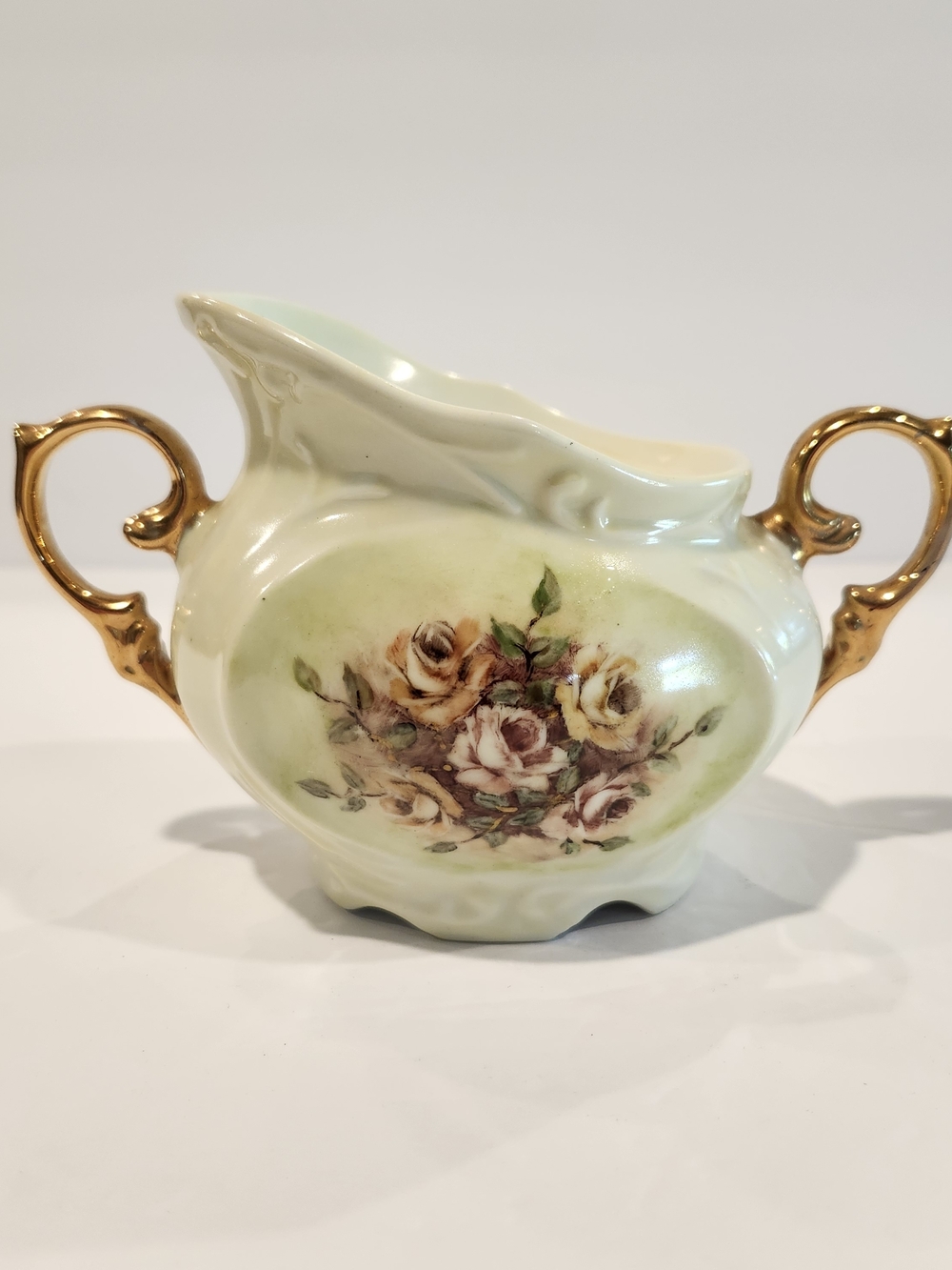 Vintage Floral Porcelain Bowl with Gold Handles